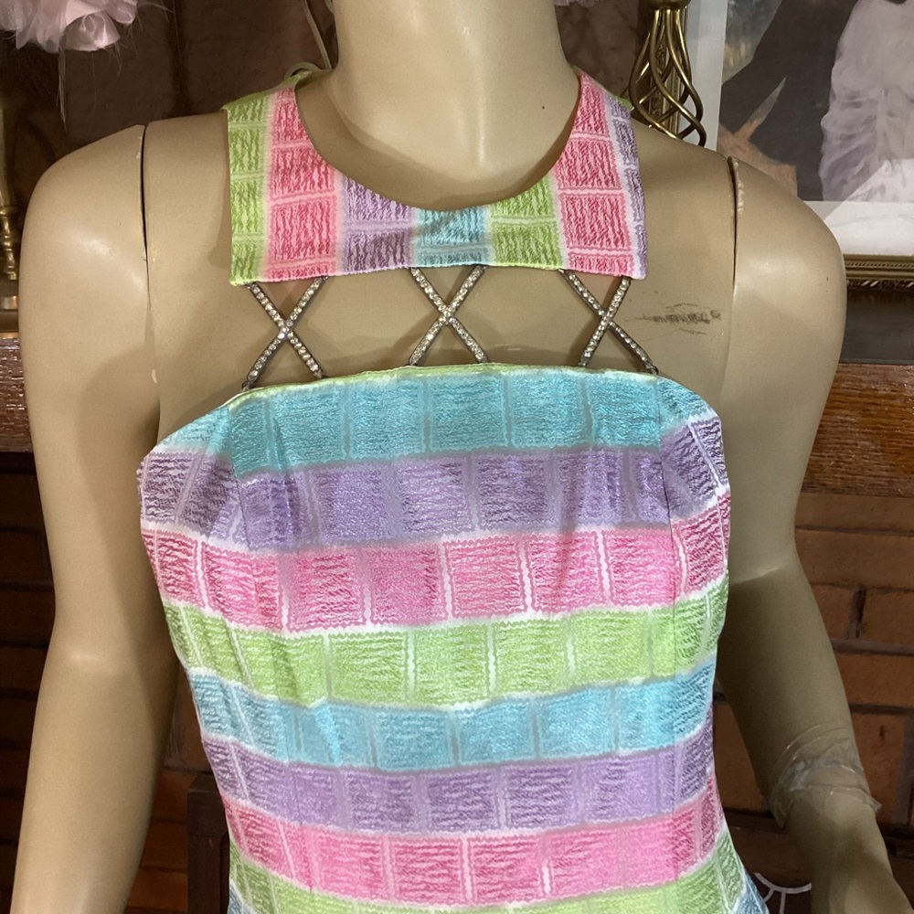 VINTAGE 1990'S CACHE MULTI-COLOR PASTEL W/RHINESTONE CUT OUTS SHEATH DRESS (2) - Picture 8 of 12